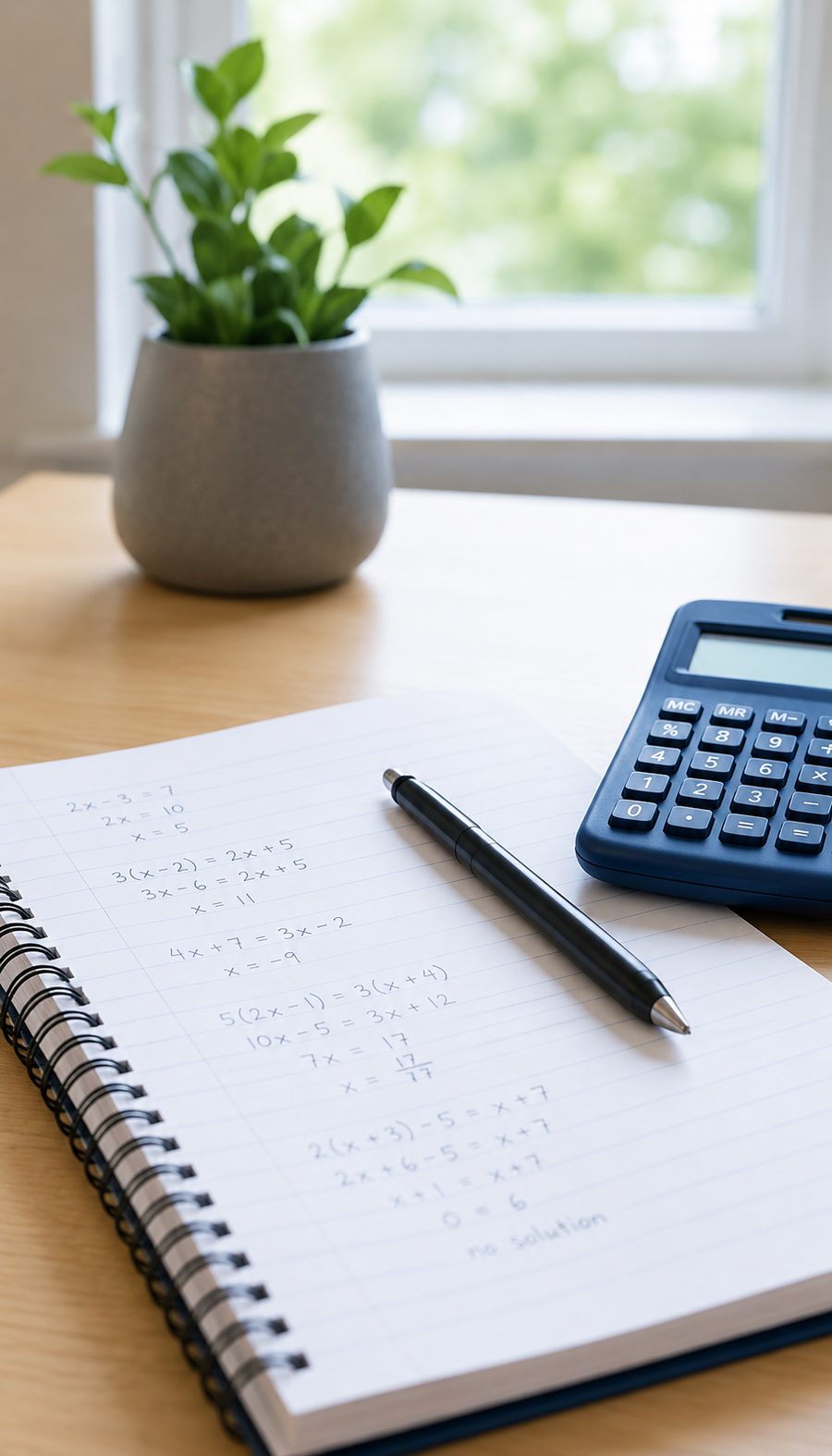 A spiral notebook of worked algebra problems on a desk, with a pen, calculator, and a plant by a sunlit window.